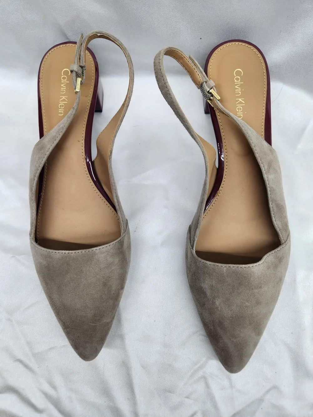 Calvin Klein Taupe Suede Pointed Slingback Kitten Heel